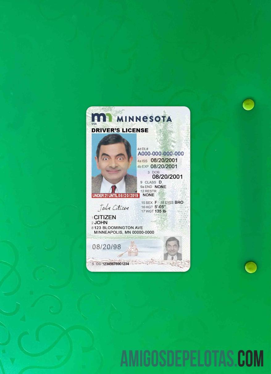 Carteira de habilitação dos EUA em Minnesota com menos de 21 anos fotolook frente baixar para verificação